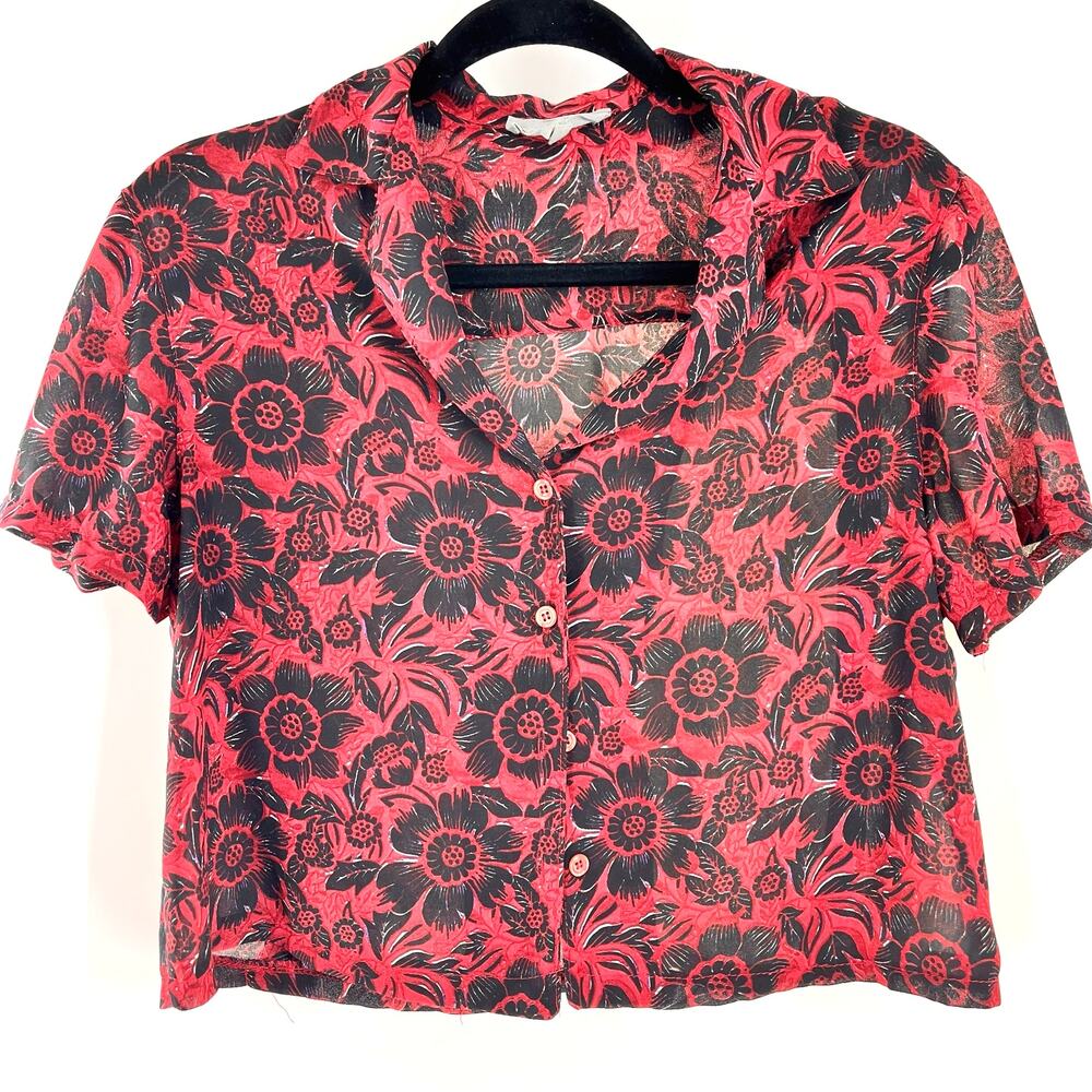 women's American Eagle boxy cropped button down short sleeve shirt burgundy L